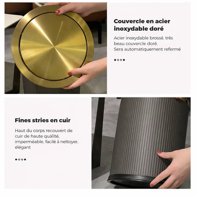 Poubelle ronde design imitation cuir avec couvercle doré