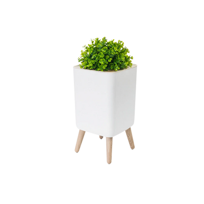 Poubelle sur pied blanche avec couvercle à pression effet bois