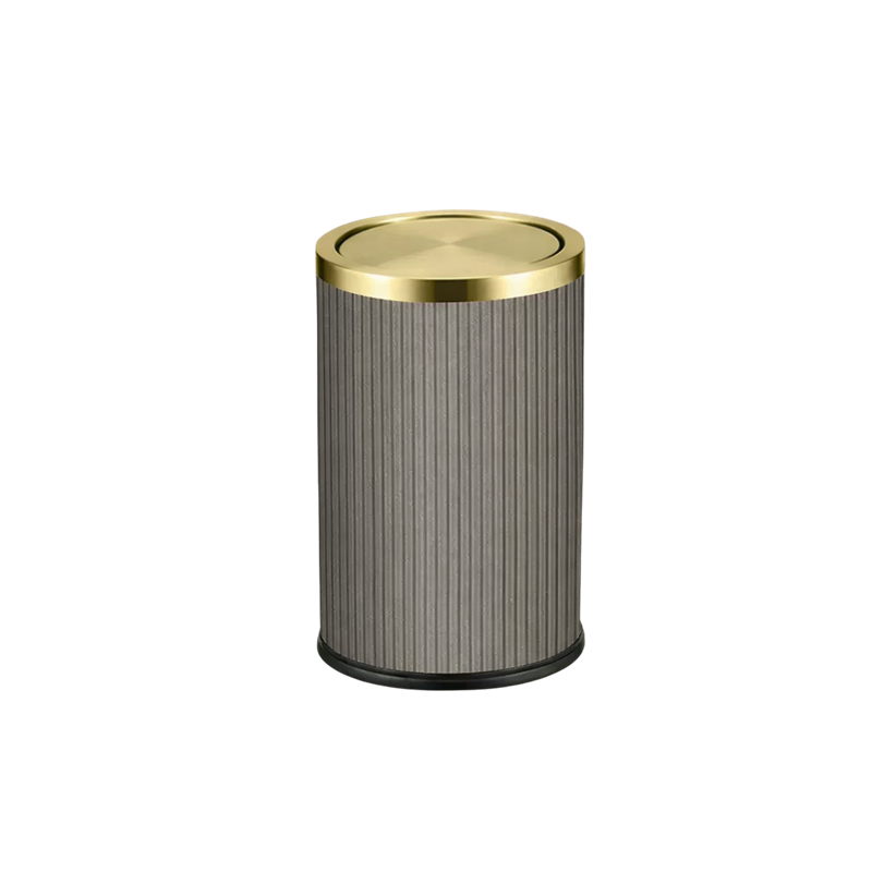 Poubelle ronde design imitation cuir avec couvercle doré