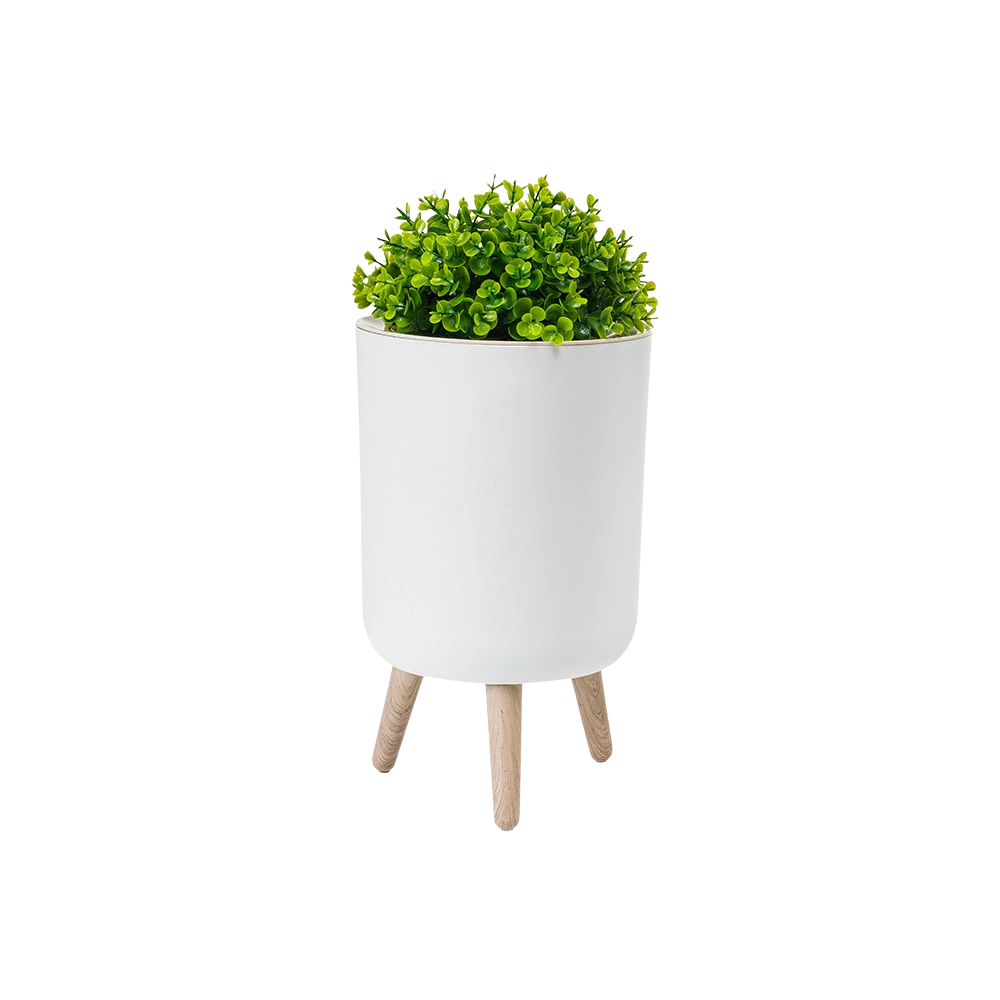 Poubelle sur pied blanche avec couvercle à pression effet bois