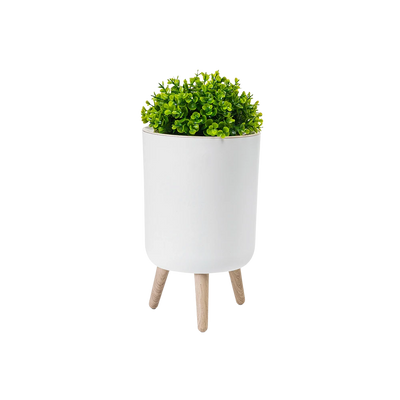 Poubelle sur pied blanche avec couvercle à pression effet bois