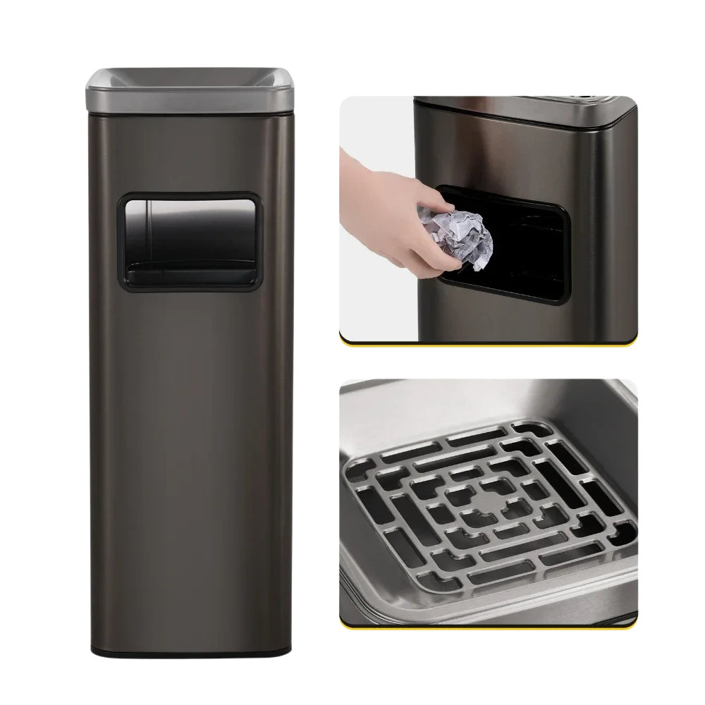 Poubelle carrée design haut en inox avec cendrier intégré